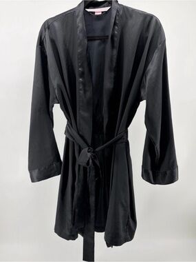 Victoria's Secret Satin Short Robe One Size Black Pockets Wide Attached Belt